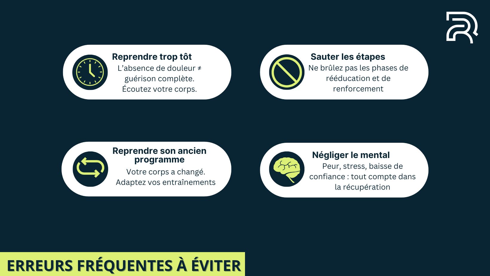 Visuel mettant en avant les erreurs fréquentes à éviter après une blessure : reprendre trop tôt, sauter les étapes, reprendre son ancien programme, négliger l’aspect mental.jpg