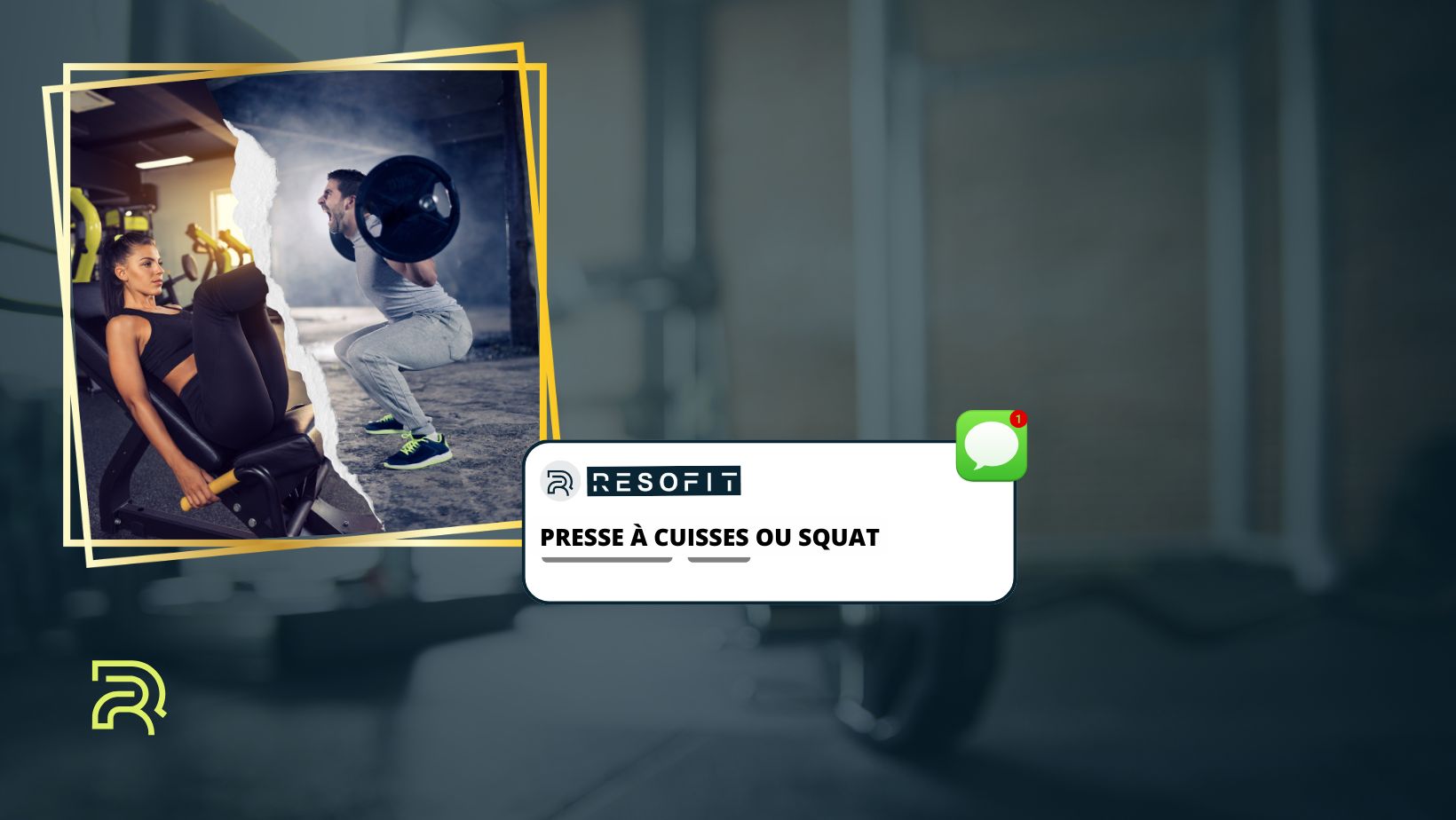 Visuel comparatif presse à cuisses ou squat : femme utilisant une machine de presse à cuisses et homme réalisant un squat avec barre ; texte 'Presse à cuisses ou squat' avec logo Resofit.